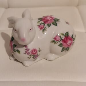 Vintage Andrea By Sadek Hand Painted White Porcelain Pink Roses Rabbit Figurine